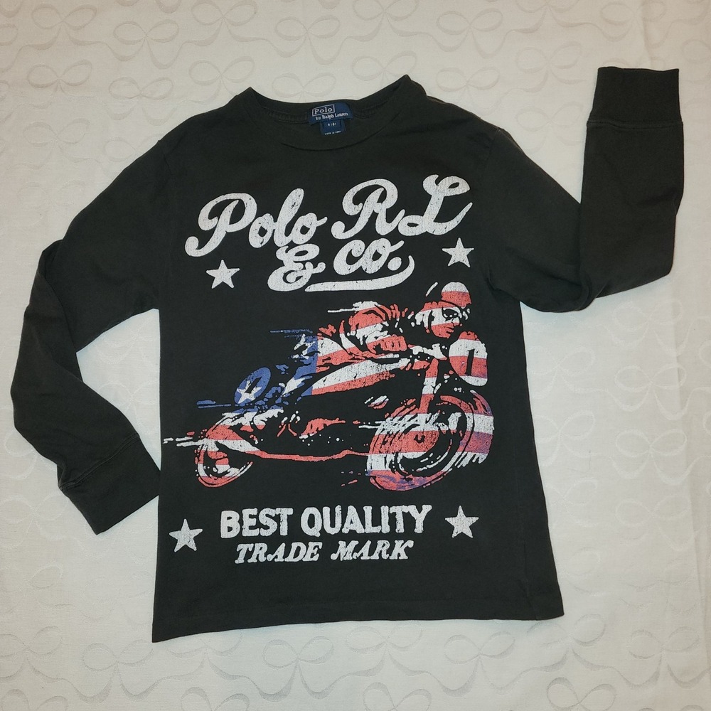 Polo Ralph Lauren Boy S 8 Long Sleeve T-Shirt Motorcycle‎ Black Grunge Skater